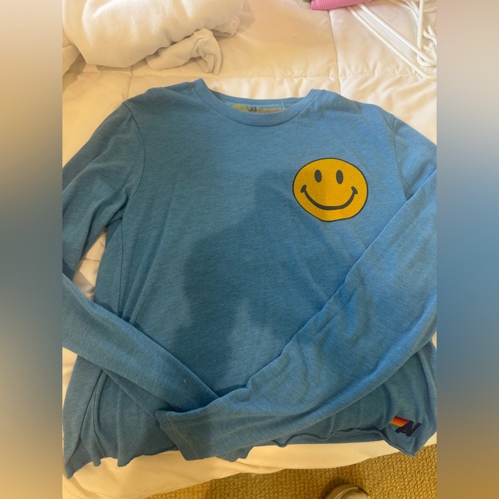 Aviator Nation Blue Long Sleeve Tee with Yellow Smiley